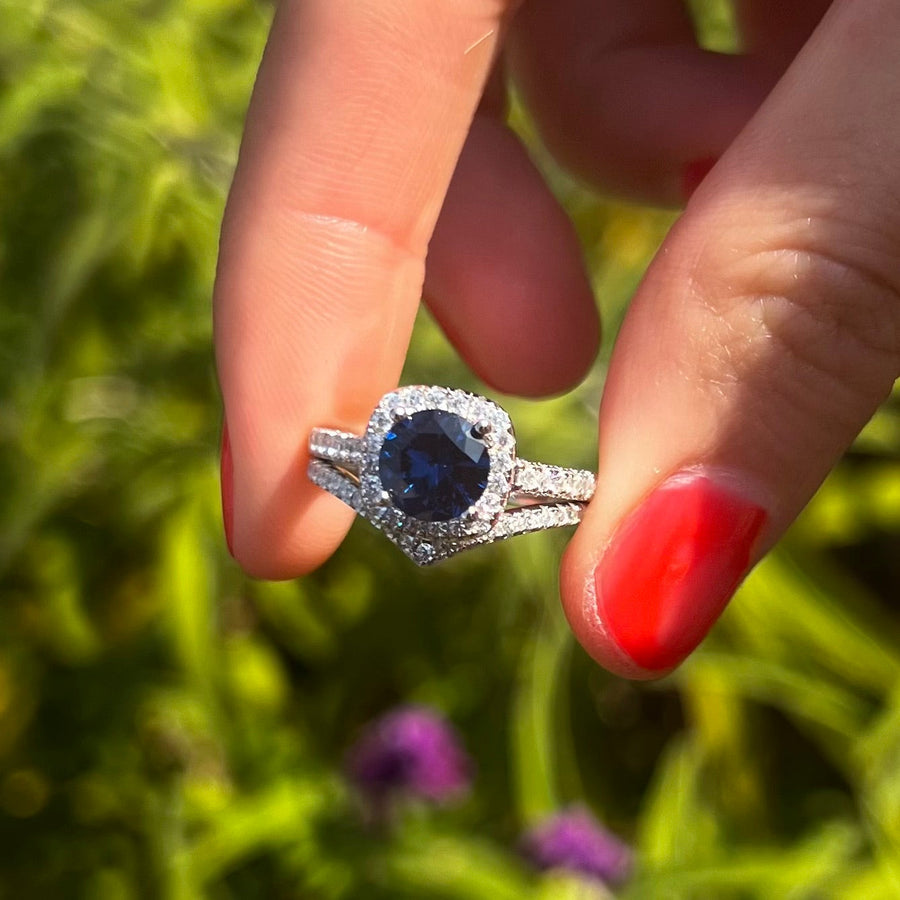 Royal Blue Cushion Cut Halo Bridal Set With V-Shape Band Shine of Diamond