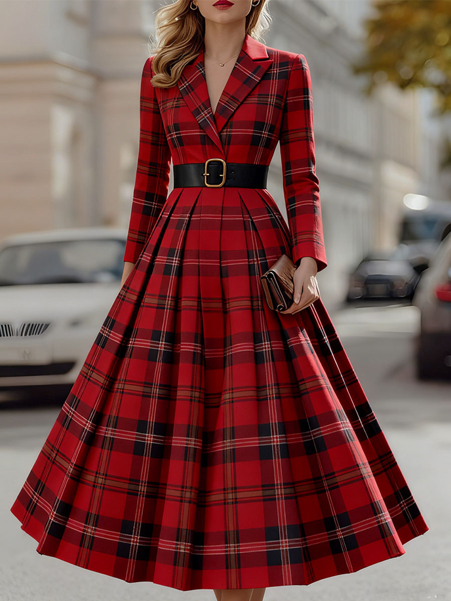 CAAYWORLD Statement Red Plaid Trench Dress With Gold Buckle Belt SN