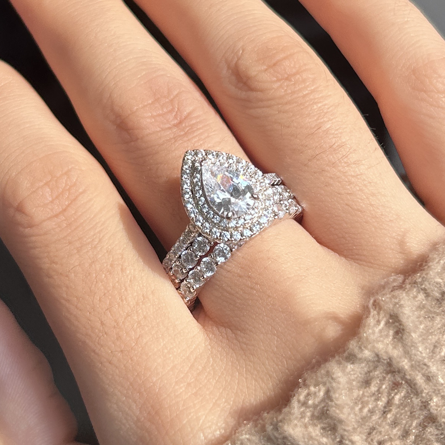 Pear Cut Halo 3-Pieces Bridal Set In Sterling Silver Shineofdiamond