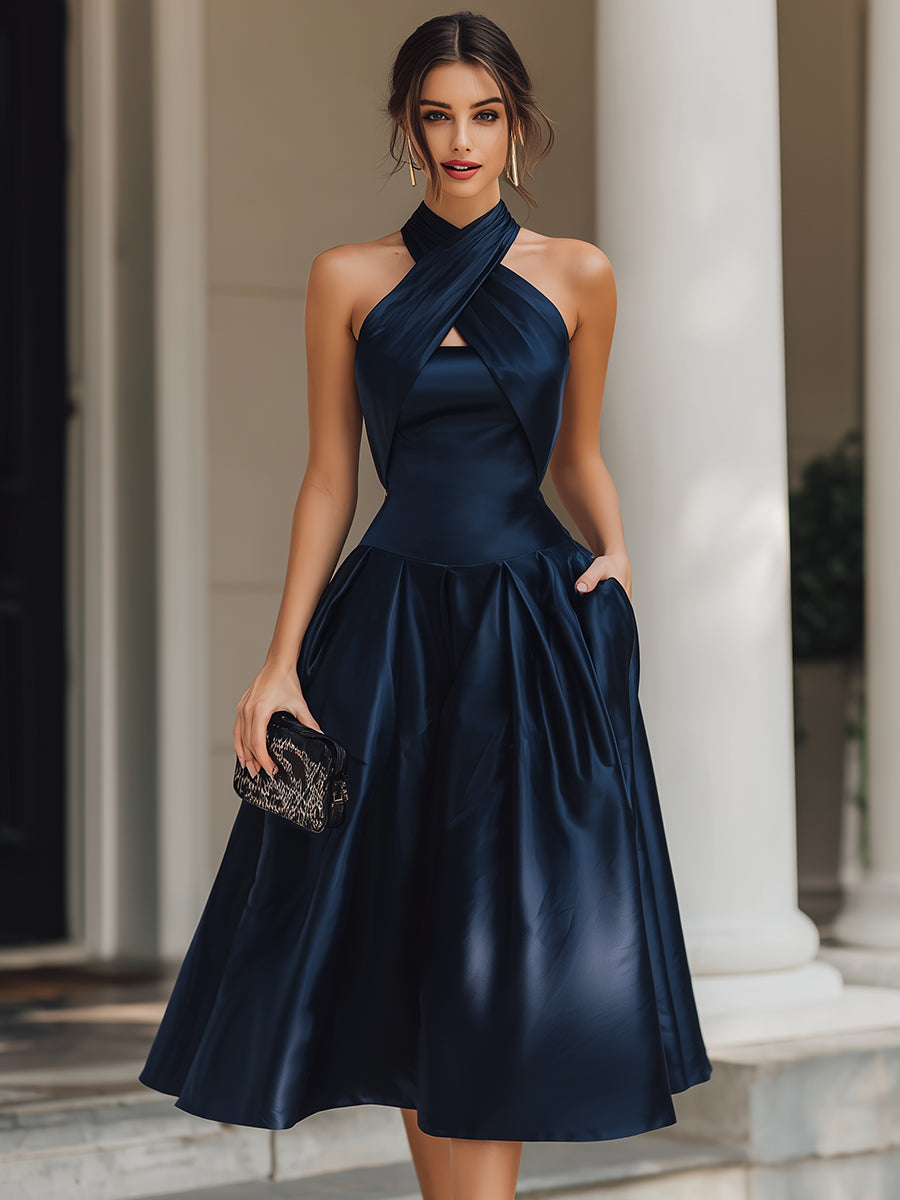 Cross-Halter Pleated Midi Dress XYS