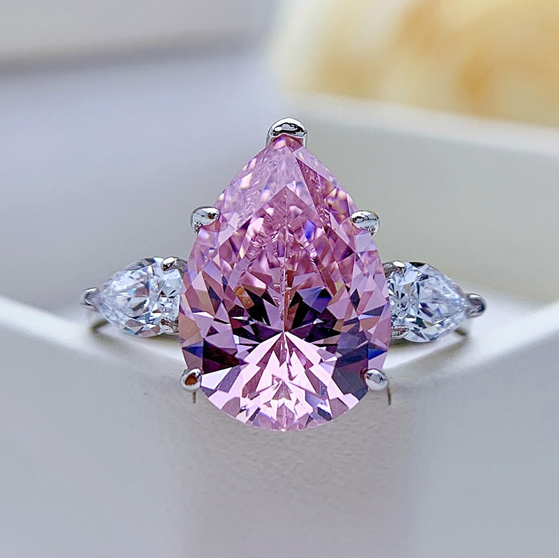 Classic Three Stone Yellow Pear Cut Sterling Silver Engagement Ring Shine of Diamond