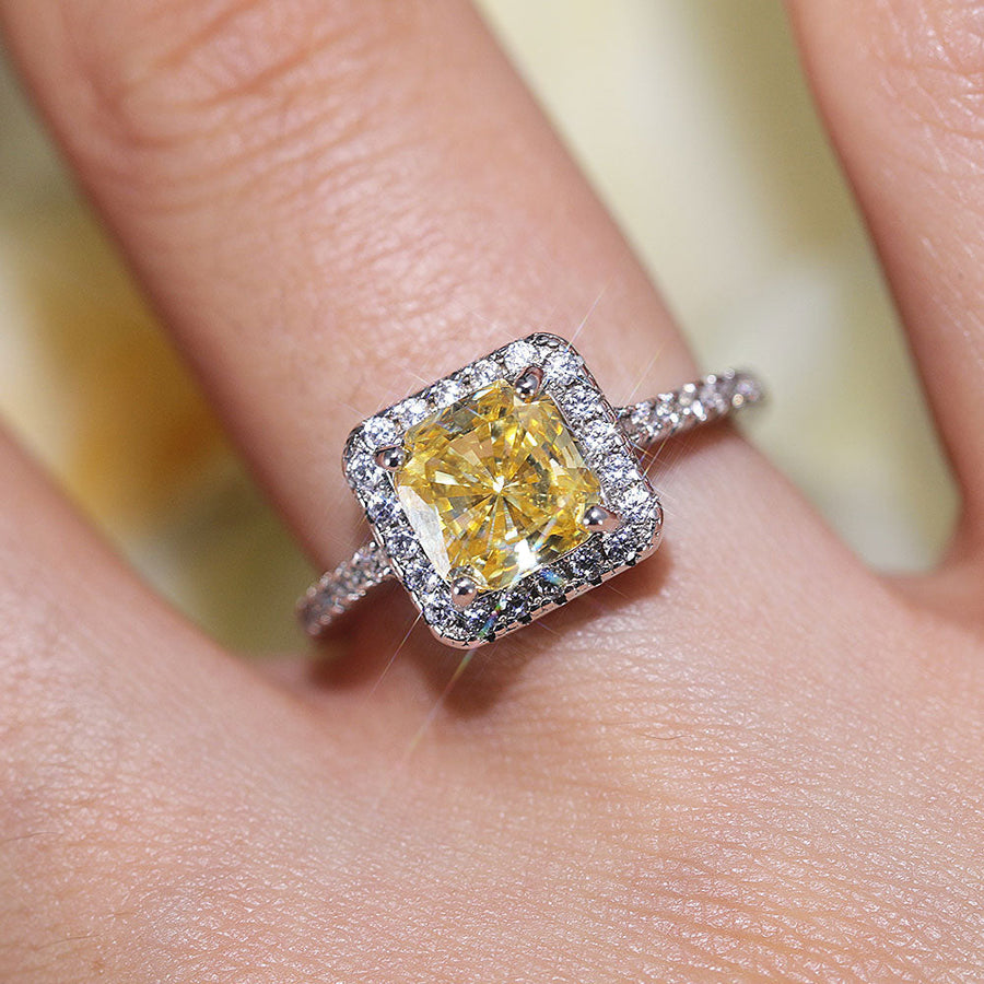 Vintage Cushion Cut Halo Design Yellow Sterling Silver Ring Shine of Diamond