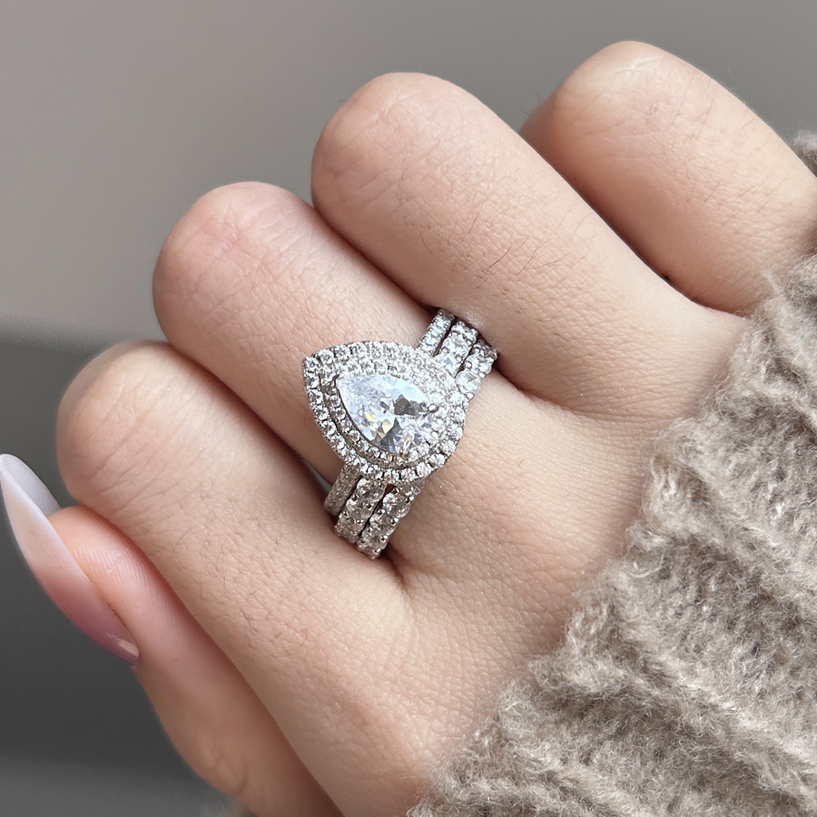 Pear Cut Halo 3-Pieces Bridal Set In Sterling Silver Shineofdiamond