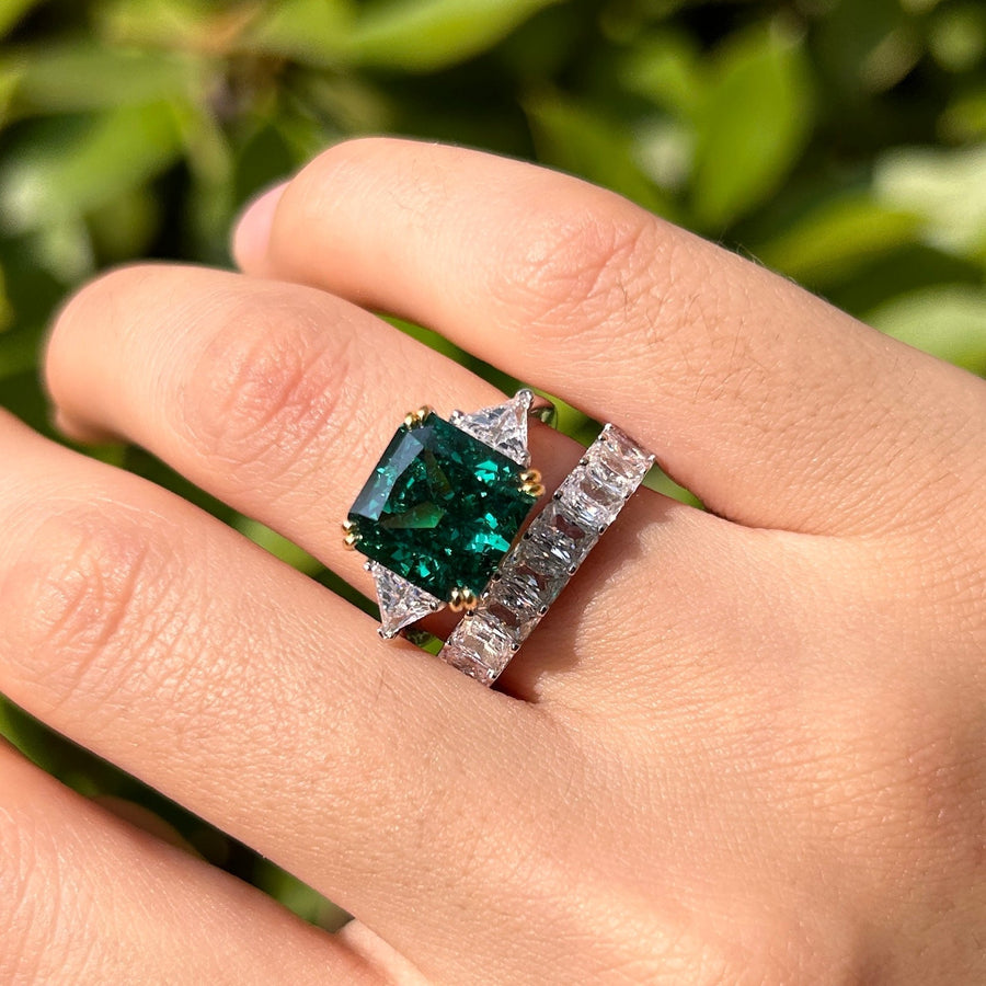 2 Pcs Gorgeous Emerald Green Radiant Cut Sterling Silver Bridal Set For Women Carly Jewelry