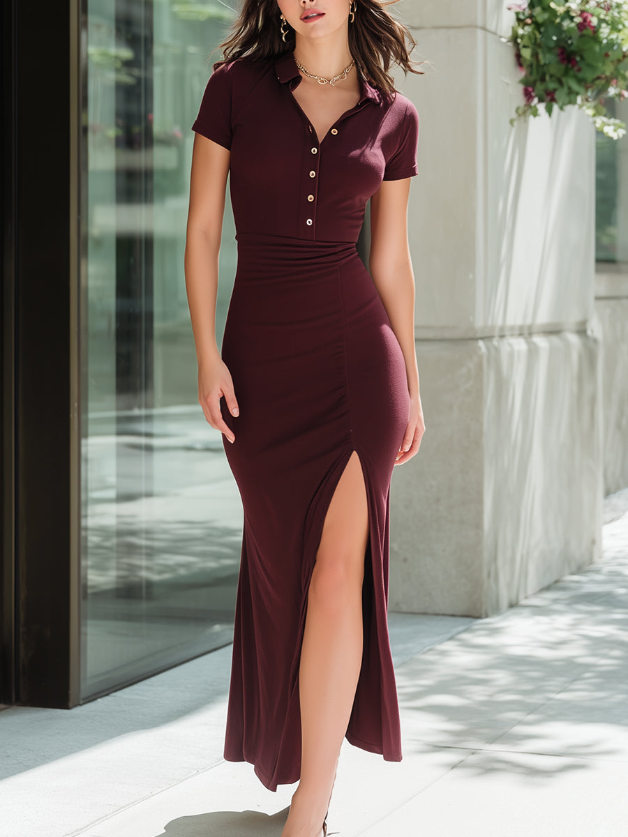 Sophisticated Collared Button-Front Bodycon Maxi Dress With Side Slit ZJ