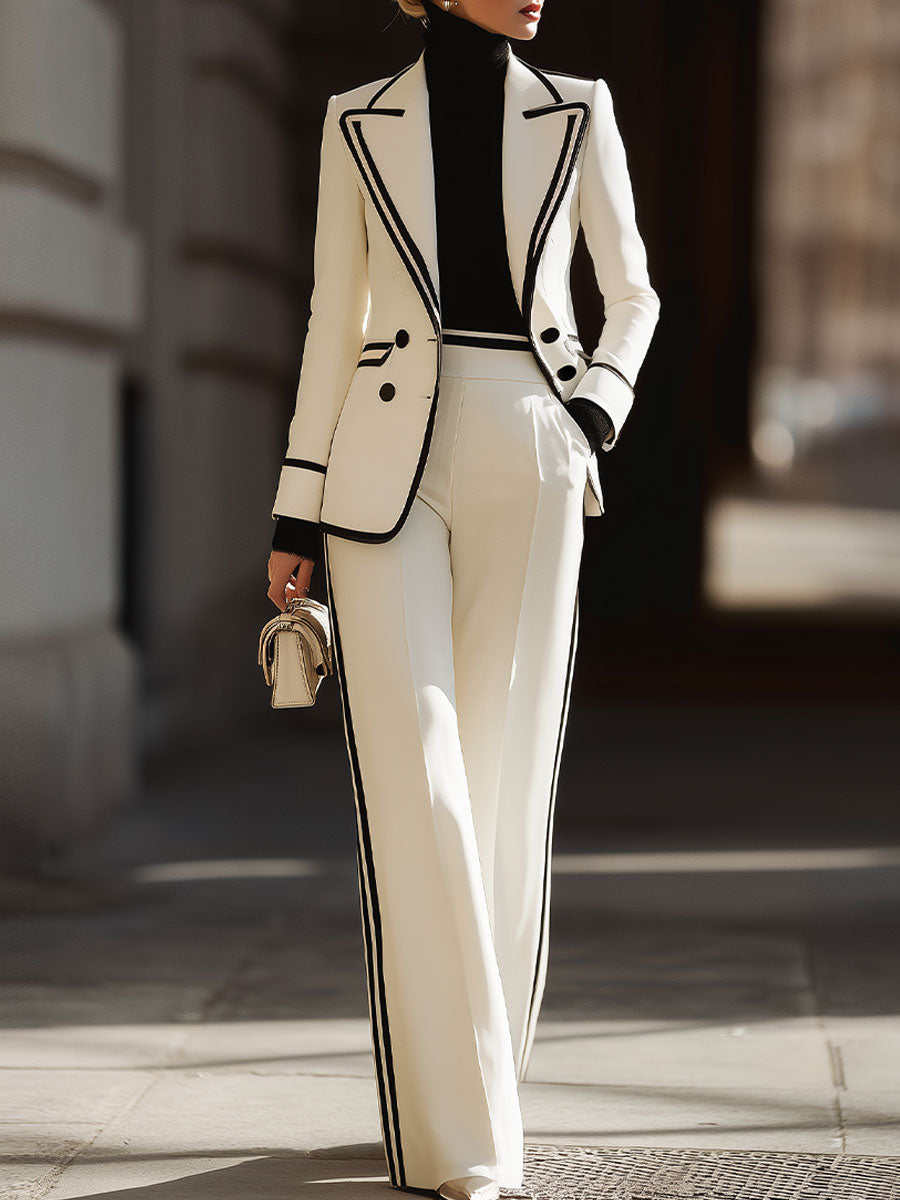 White Contrast - Trim Double - Breasted Suit Set SN