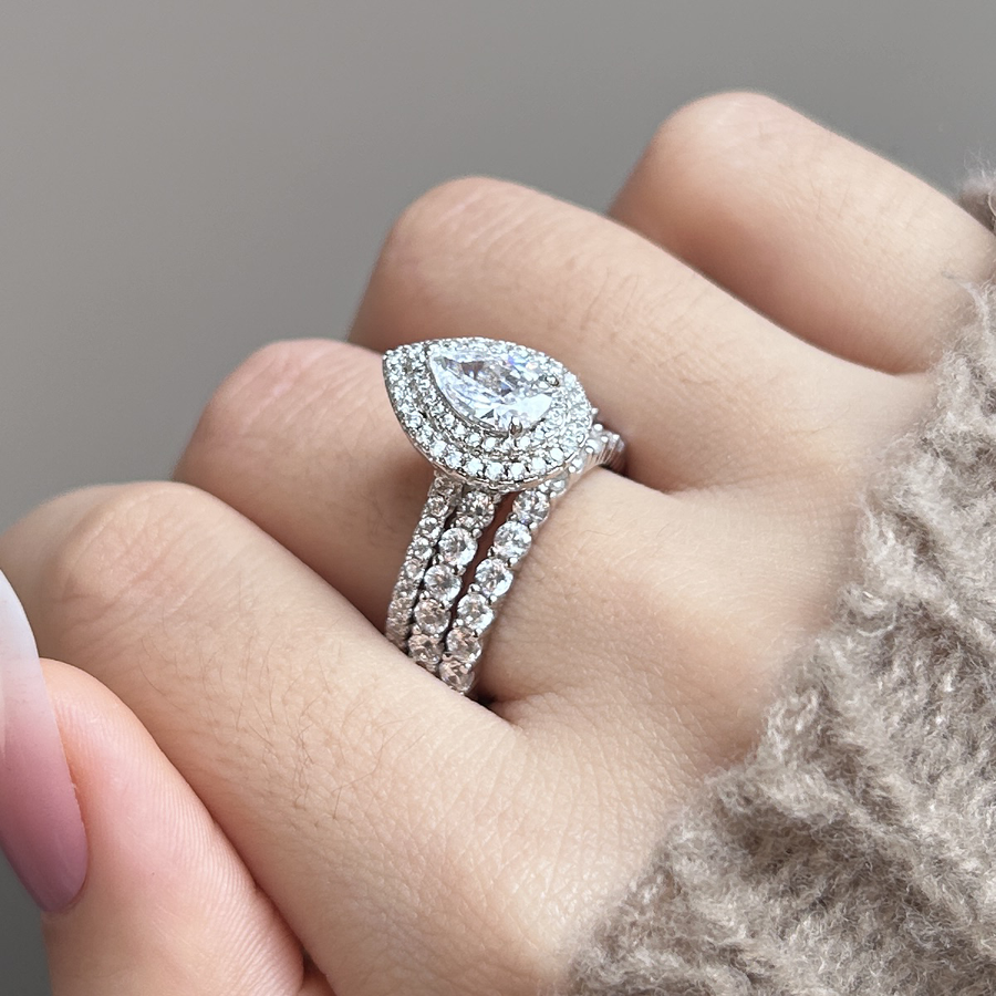 Pear Cut Halo 3-Pieces Bridal Set In Sterling Silver Shineofdiamond
