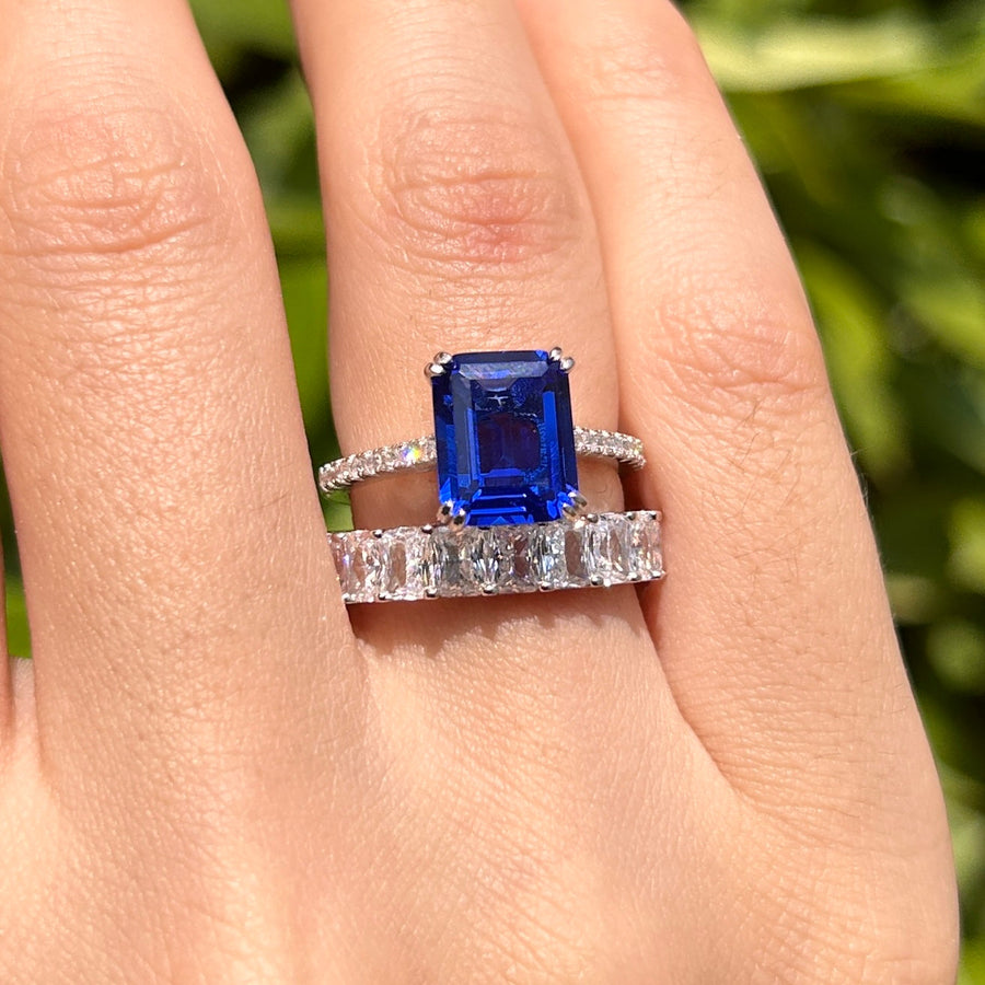 2 Pcs Blue Emerald Cut Bridal Set In Sterling Silver Carly Jewelry