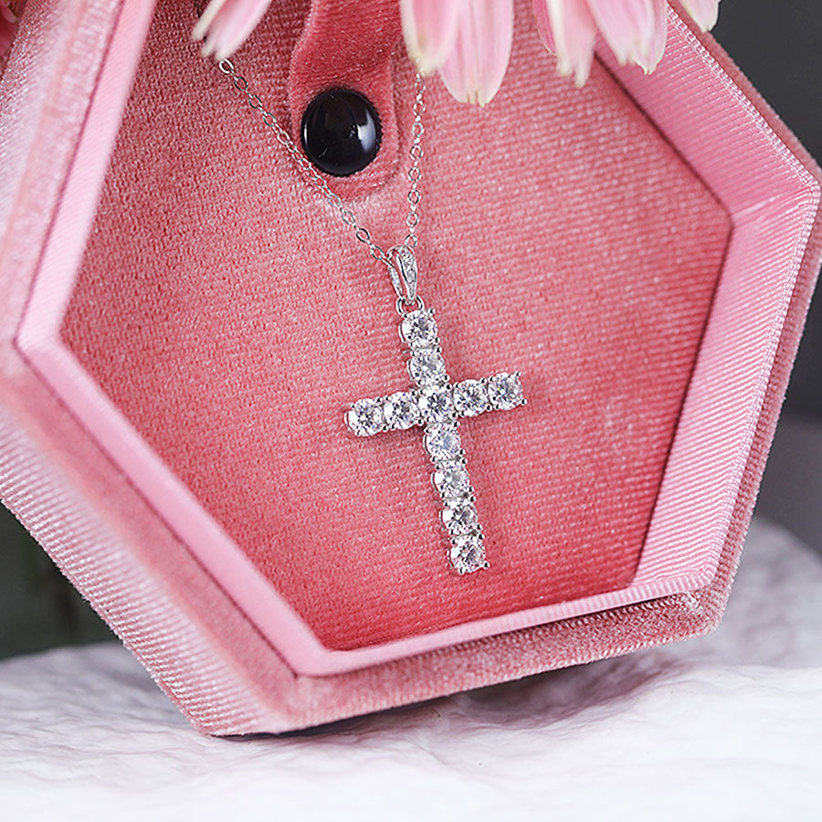 Classic Cross Design Sterling Silver Moissanite Pendant Necklace Shine of Diamond