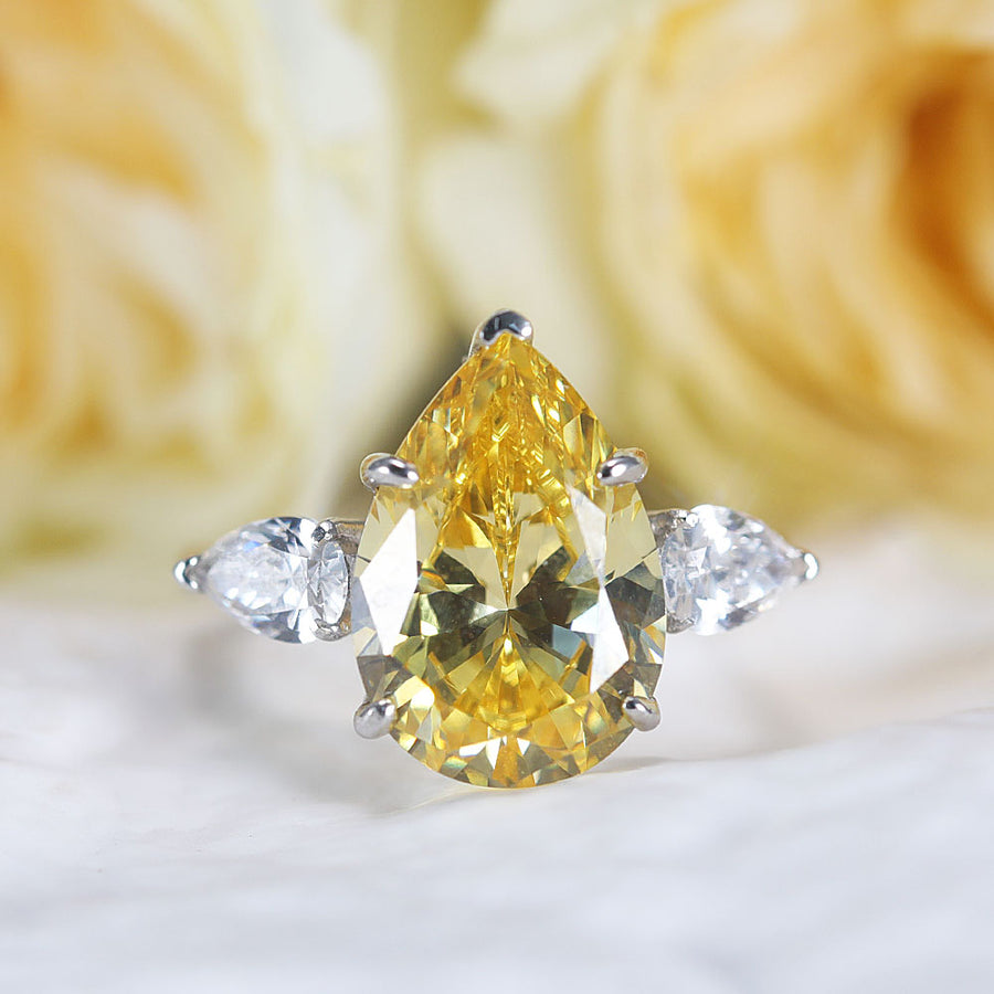 Classic Three Stone Yellow Pear Cut Sterling Silver Engagement Ring Shine of Diamond