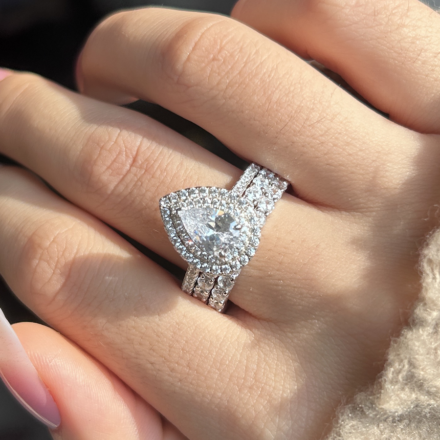 Pear Cut Halo 3-Pieces Bridal Set In Sterling Silver Shineofdiamond