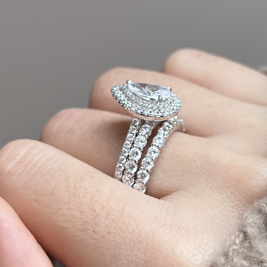 Pear Cut Halo 3-Pieces Bridal Set In Sterling Silver Shineofdiamond