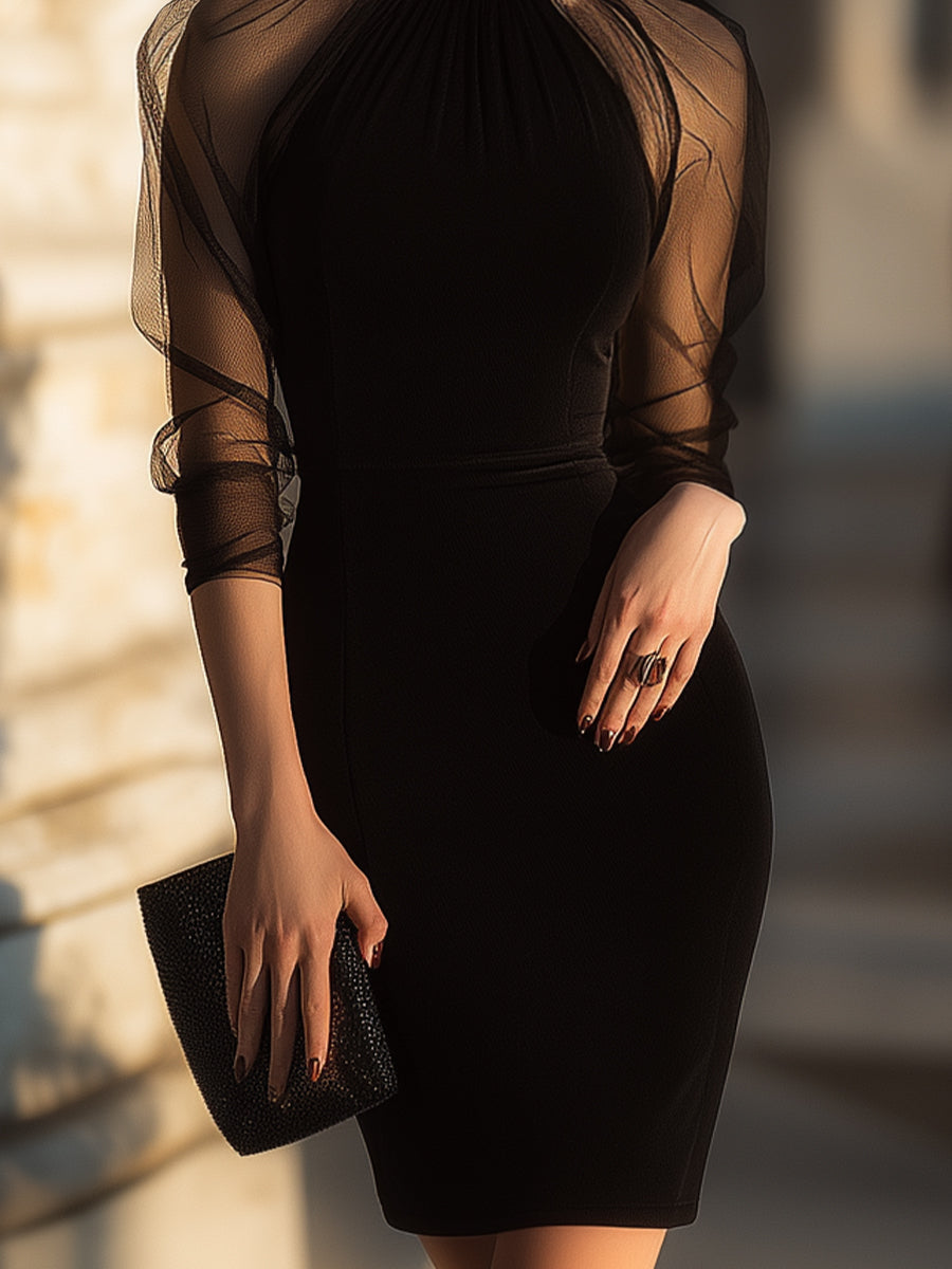 Sheer-Sleeve High-Neck Cocktail Dress XYS