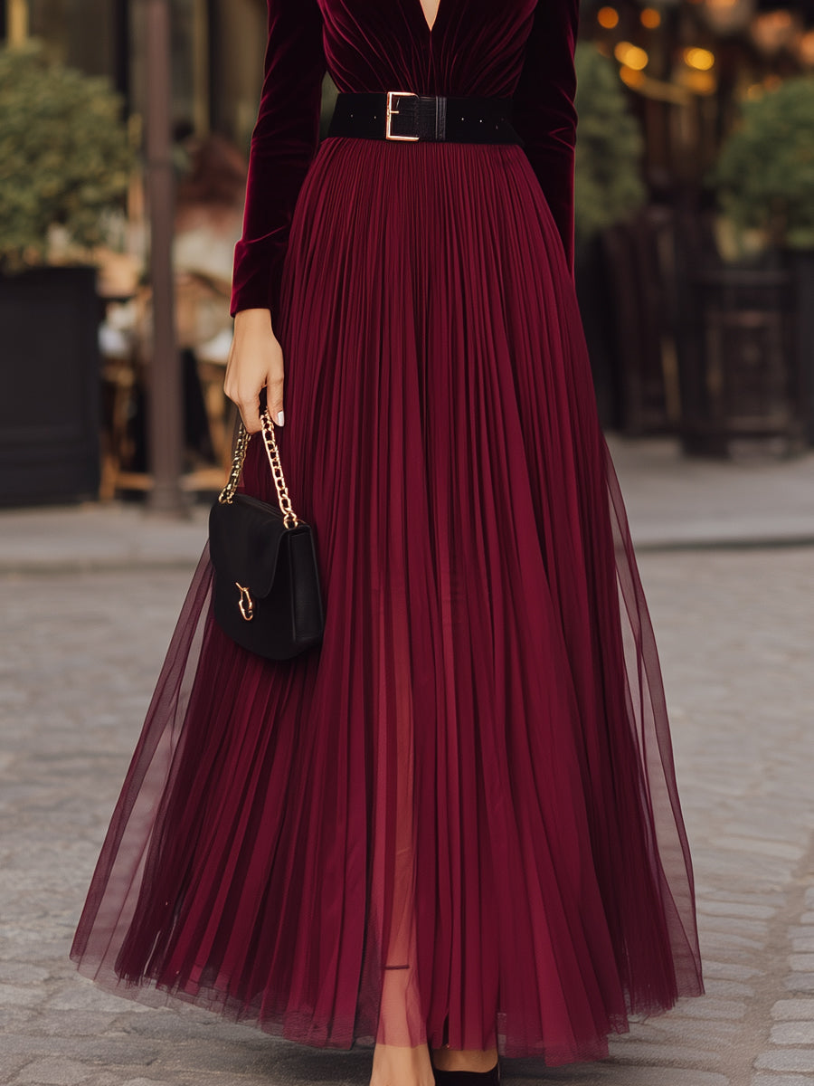 Velvet Deep V Pleated Mesh Maxi Dress With Belt MLZ