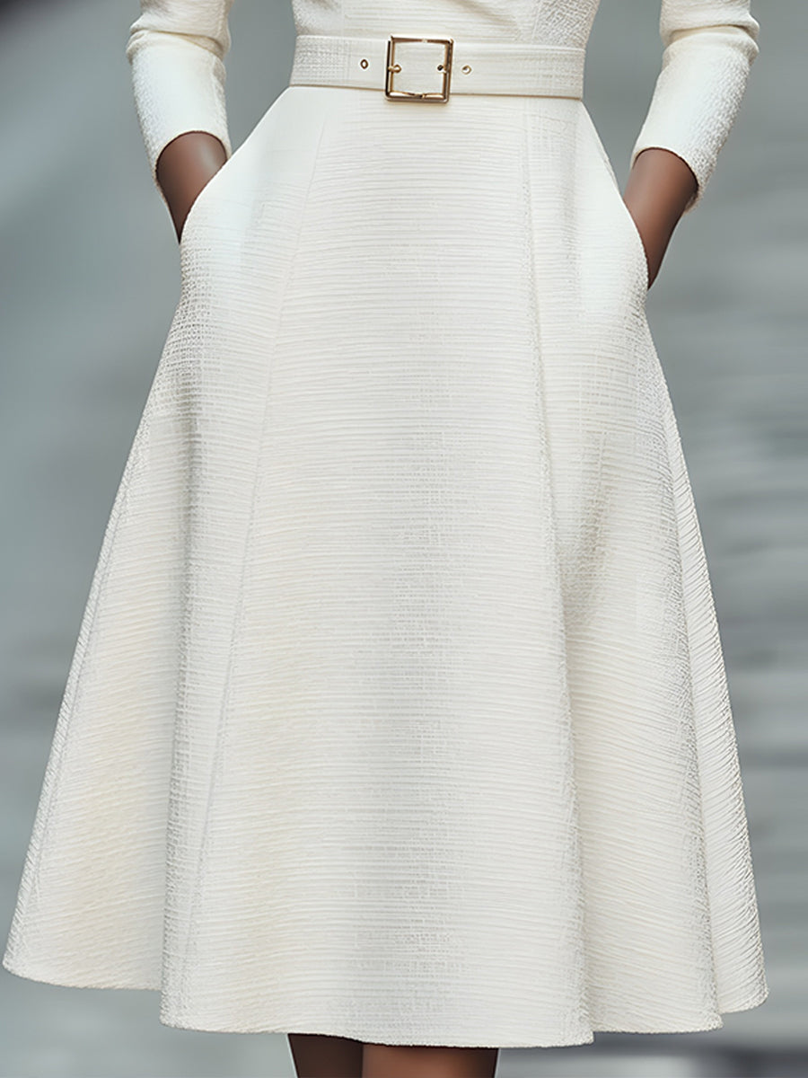 White Textured Belted Midi Dress With V-Neckline ZJ