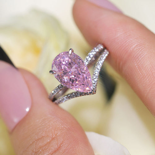 Gorgeous Pink Pear Cut Sterling Silver Engagement Ring Shine of Diamond