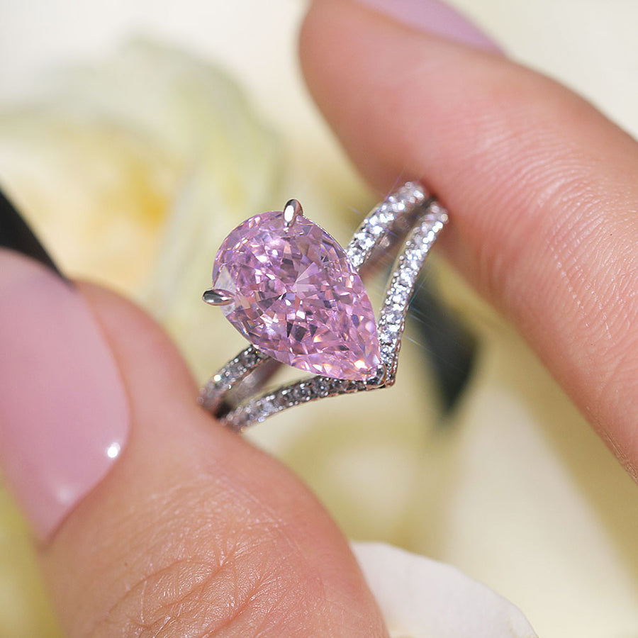 Gorgeous Pink Pear Cut Sterling Silver Engagement Ring Shine of Diamond