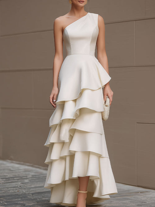 Ivory One-Shoulder Tiered Ruffle Gown SN