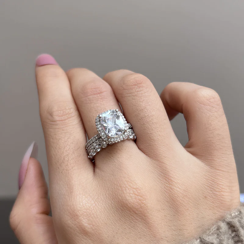 3Pcs Handmade Halo Cushion Cut Bridal Set In Sterling Silver Shineofdiamond