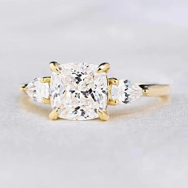 Three Stone Golden Tone Cushion Cut Sterling Silver Engagement Ring Shineofdiamond