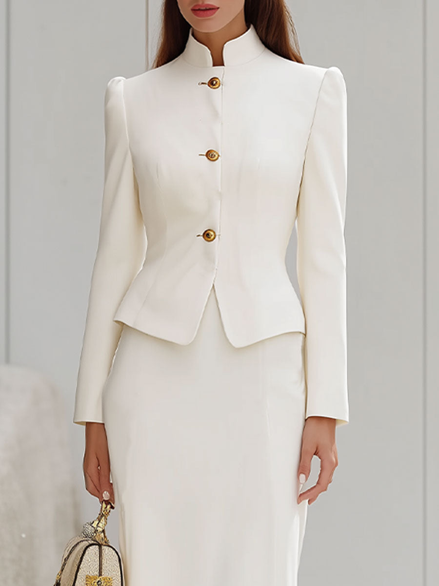 Ivory High-Collar Tailored Jacket And Elegant Maxi Skirt Set SN