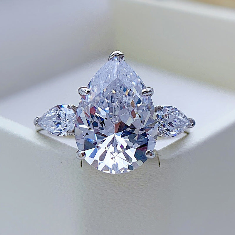 Classic Three Stone Yellow Pear Cut Sterling Silver Engagement Ring Shine of Diamond