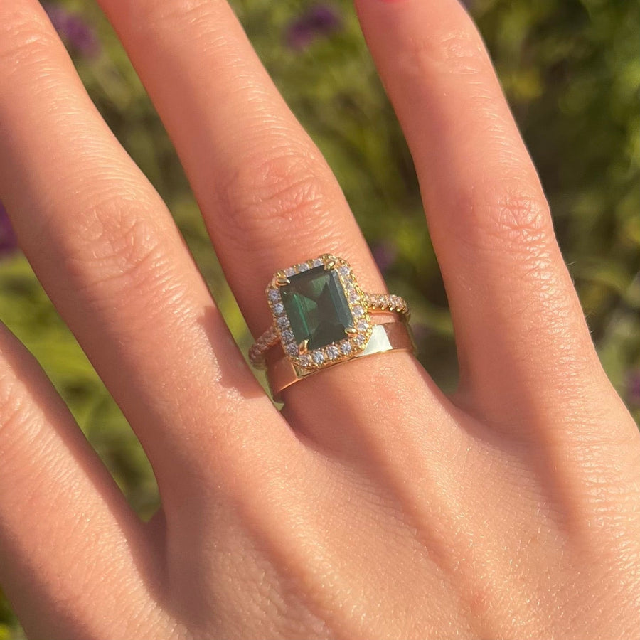 2 Pcs Green Emerald Cut Halo Design Bridal Sets In Golden Tone Shine of Diamond
