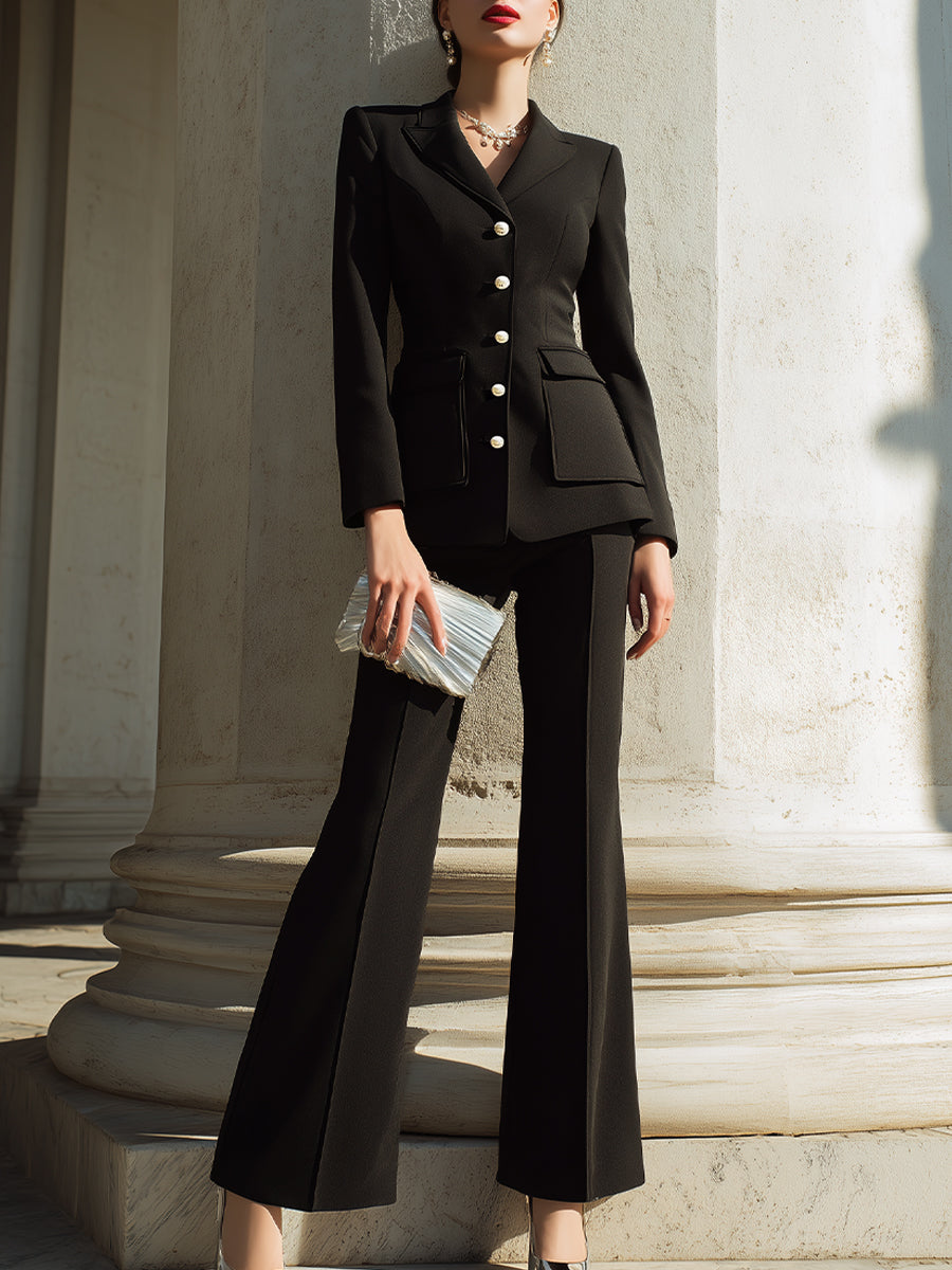 Tailored Button-Front Blazer Set With Flared Pants XYS