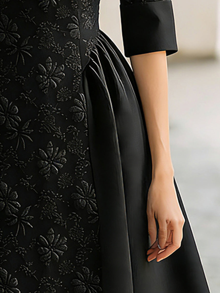 Elegant Jacquard Short-Sleeve A-Line Midi Dress HWT