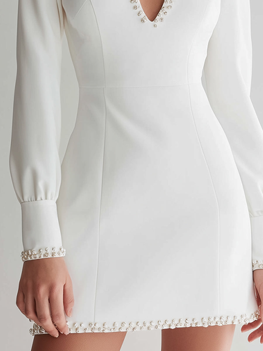 White Long-Sleeve Mini Dress With Pearl-Embellished Keyhole Neckline ZJ