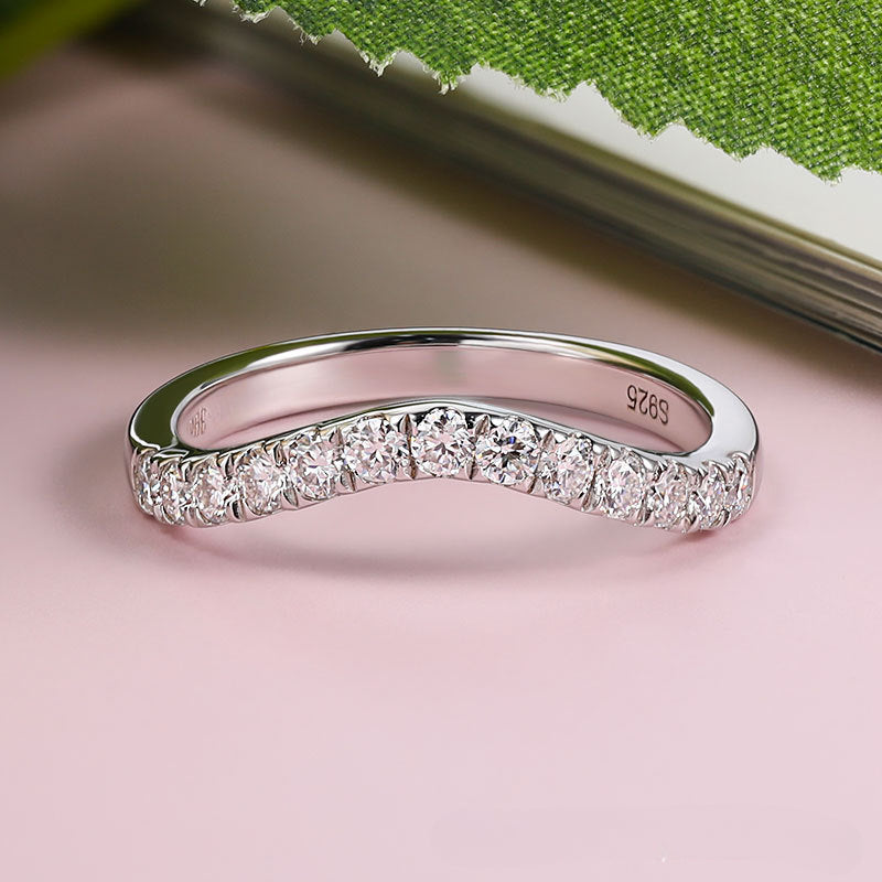 V Design Half Eternity Sterling Silver Moissanite Band Shine of Diamond