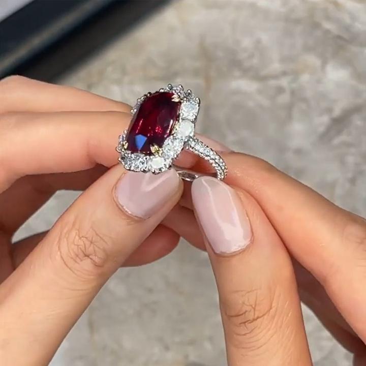 Sparkling Halo Ruby Cushion Cut Party & Engagement Ring Shineofdiamond