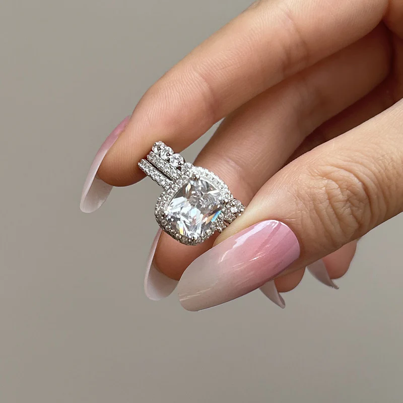3Pcs Handmade Halo Cushion Cut Bridal Set In Sterling Silver Shineofdiamond