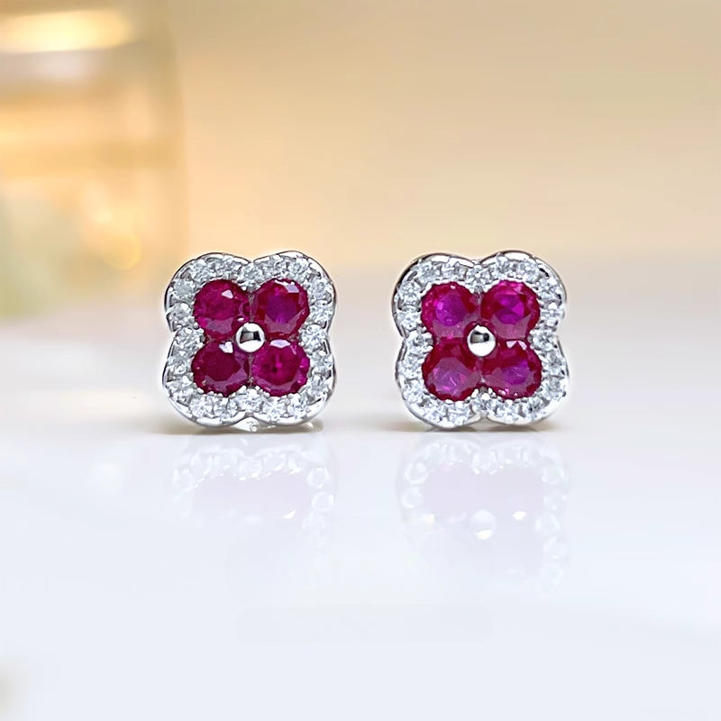 Clover Design Sapphire Stud Earrings in Sterling Silver shine of diamond