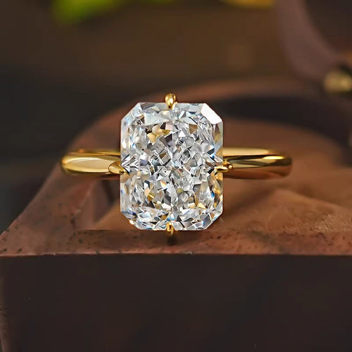 Radiant Cut Sterling Silver Solitaire Engagement Ring in Golden Tone shine of diamond