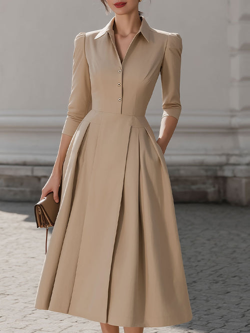 CAAYWORLD Beige Shirt-Collar Pleated Midi Dress SN
