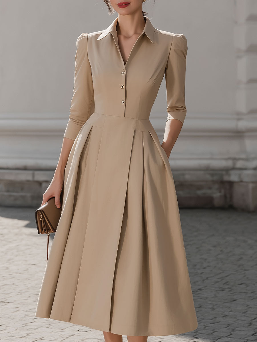 CAAYWORLD Beige Shirt-Collar Pleated Midi Dress SN