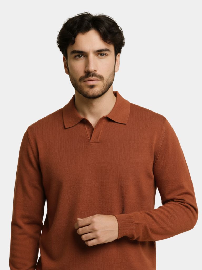 100% Wool Knit V Neck Turndown Polo Pullover - CAAYWORLD CAAYWORLD