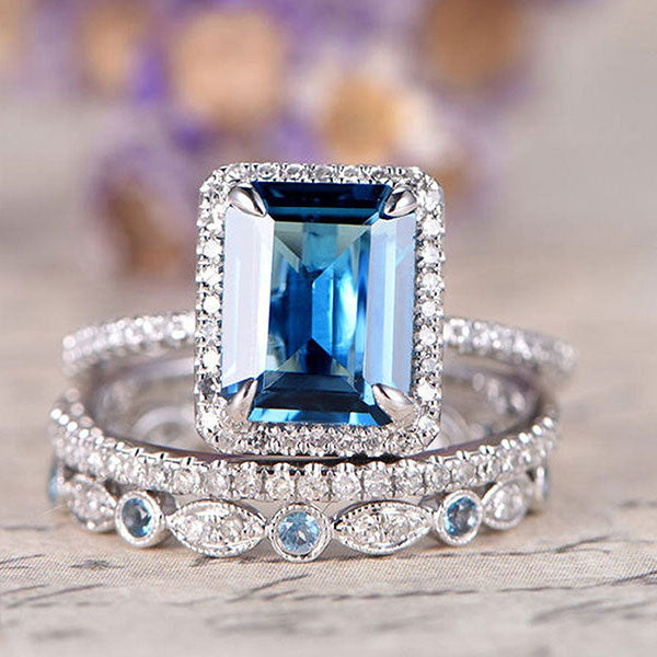 Aquamarine 3-Piece Halo Emerald Cut Sterling Silver Bridal Sets hot