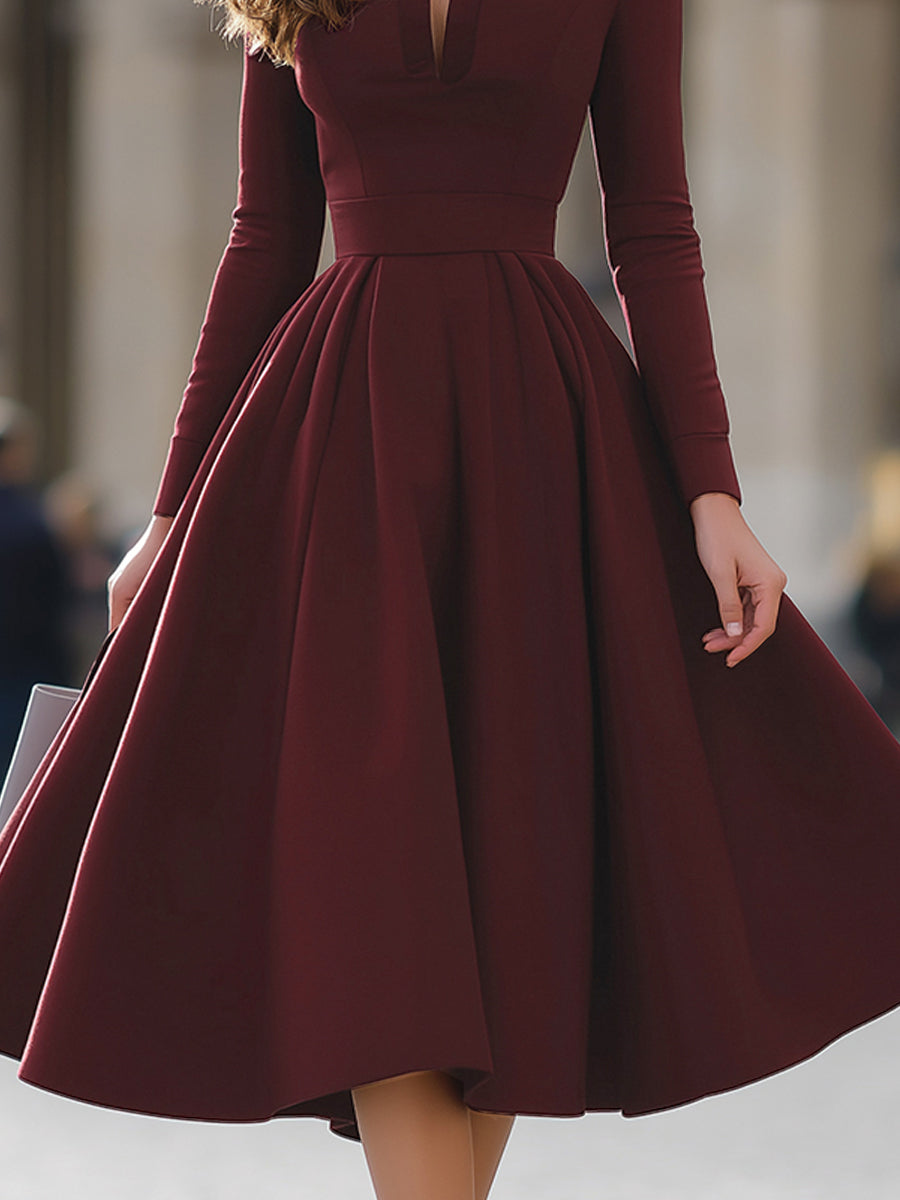 Burgundy V-Neck Full-Skirt Midi Dress XYS