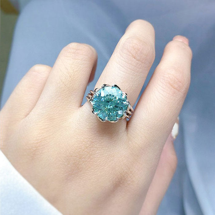 Unique Design Round Cut Green Moissanite Sterling Silver Engagement Ring Shineofdiamond