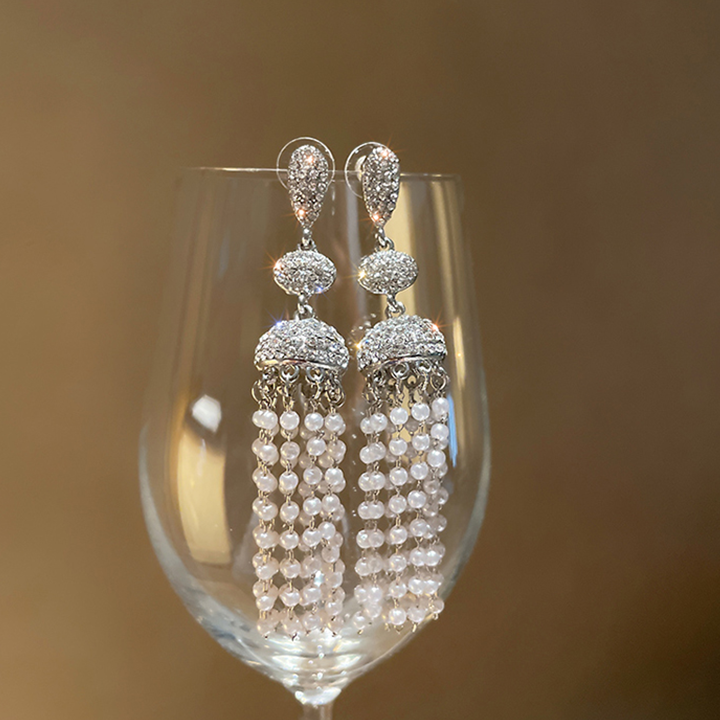 Rhinestones Paved Drop Earrings With Pearl Fringe Dobrilajewelry