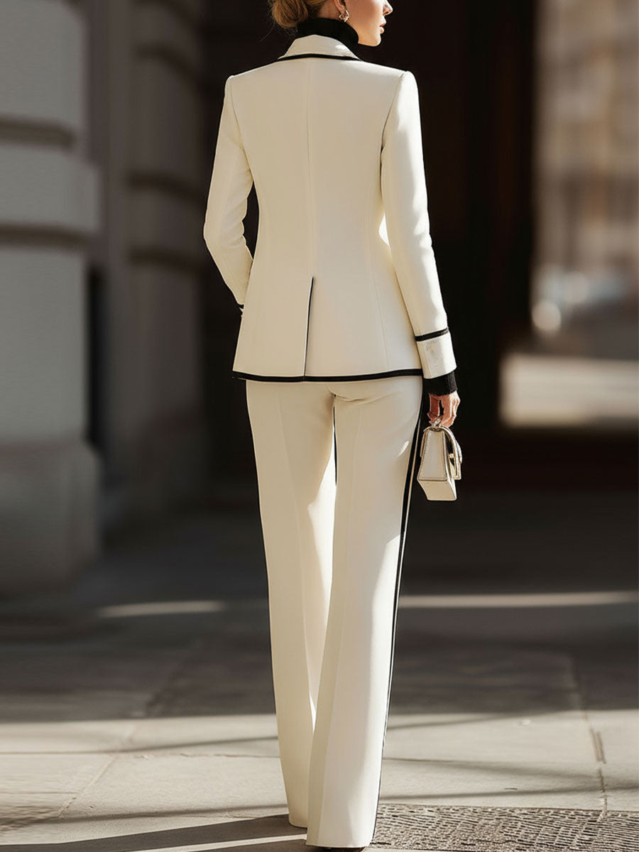 White Contrast - Trim Double - Breasted Suit Set SN