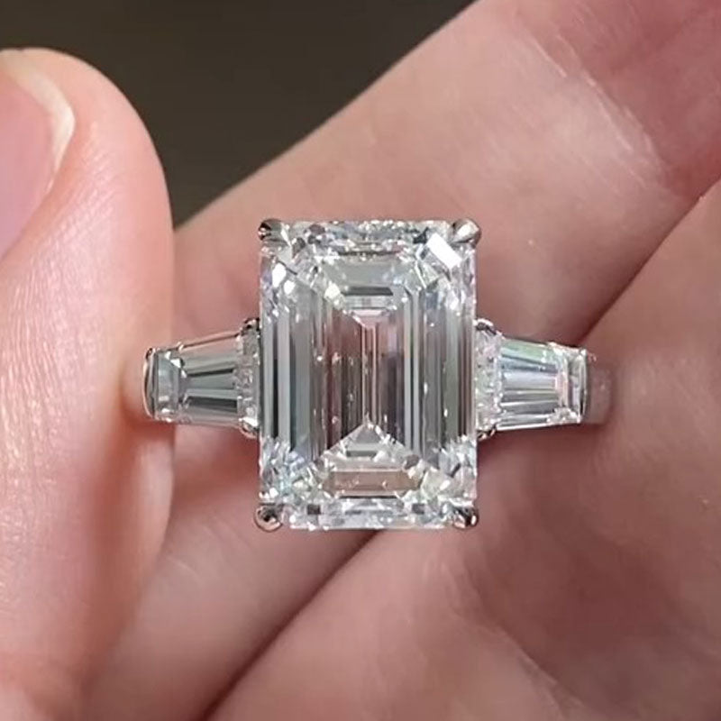 Classic Three Stone Emerald Cut Sterling Silver Engagement Ring Shine of Diamond