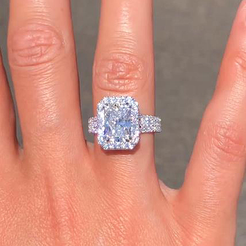 Halo Radiant Cut Split Shank Engagement Ring In Sterling Silver shineofdiamond