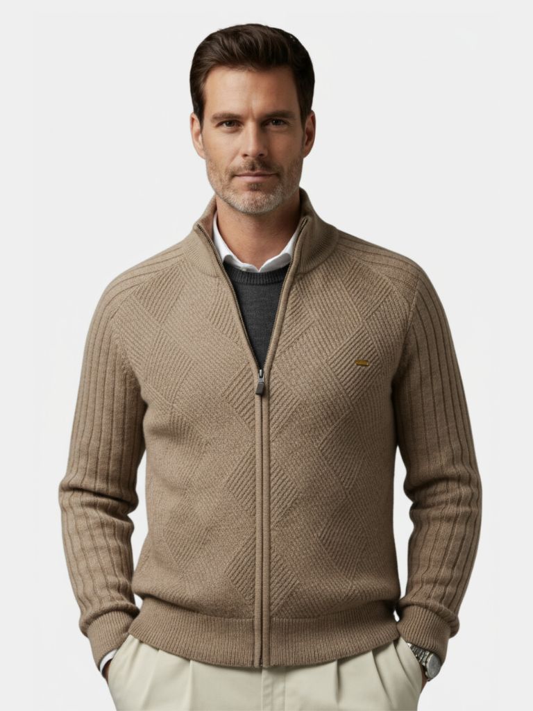 Knit Zipper Jacquard Solid Color Cardigan Sweater - CAAYWORLD CAAYWORLD