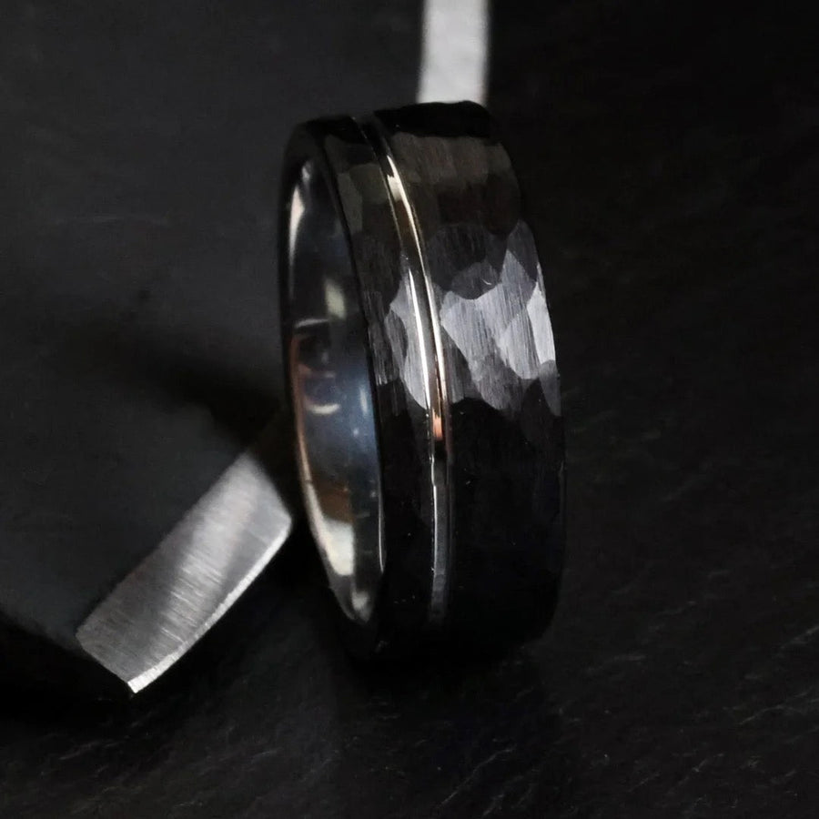 Hammered Black Tungsten Carbide Minimalist Men's Wedding Band Juluro