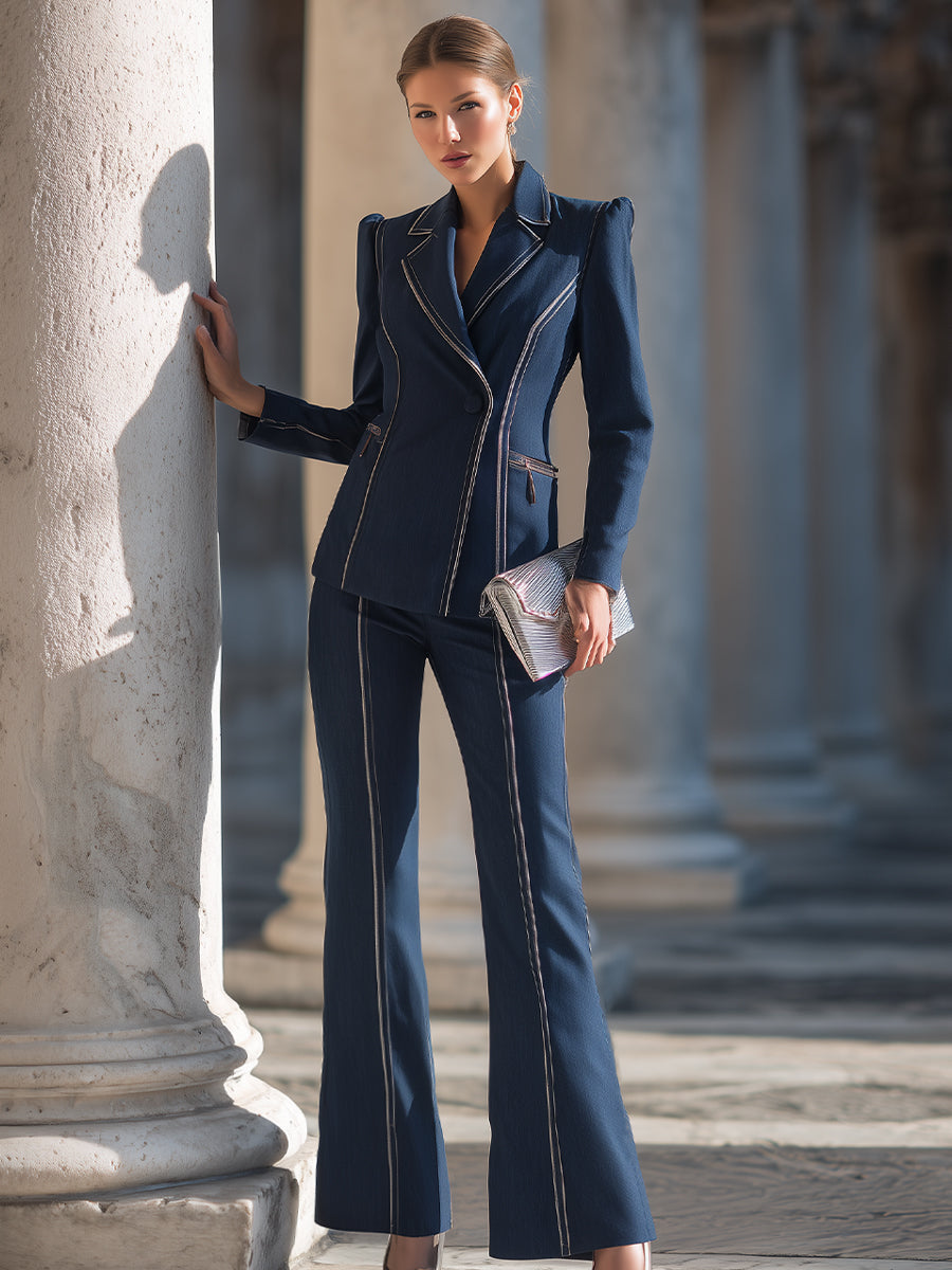 Tailored Contrast-Stitched Blazer And Flared Pants Set XYS
