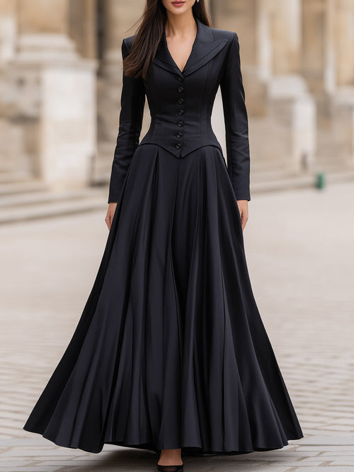 Elegant Tailored Waist Long-Sleeve Maxi Dress MLZ