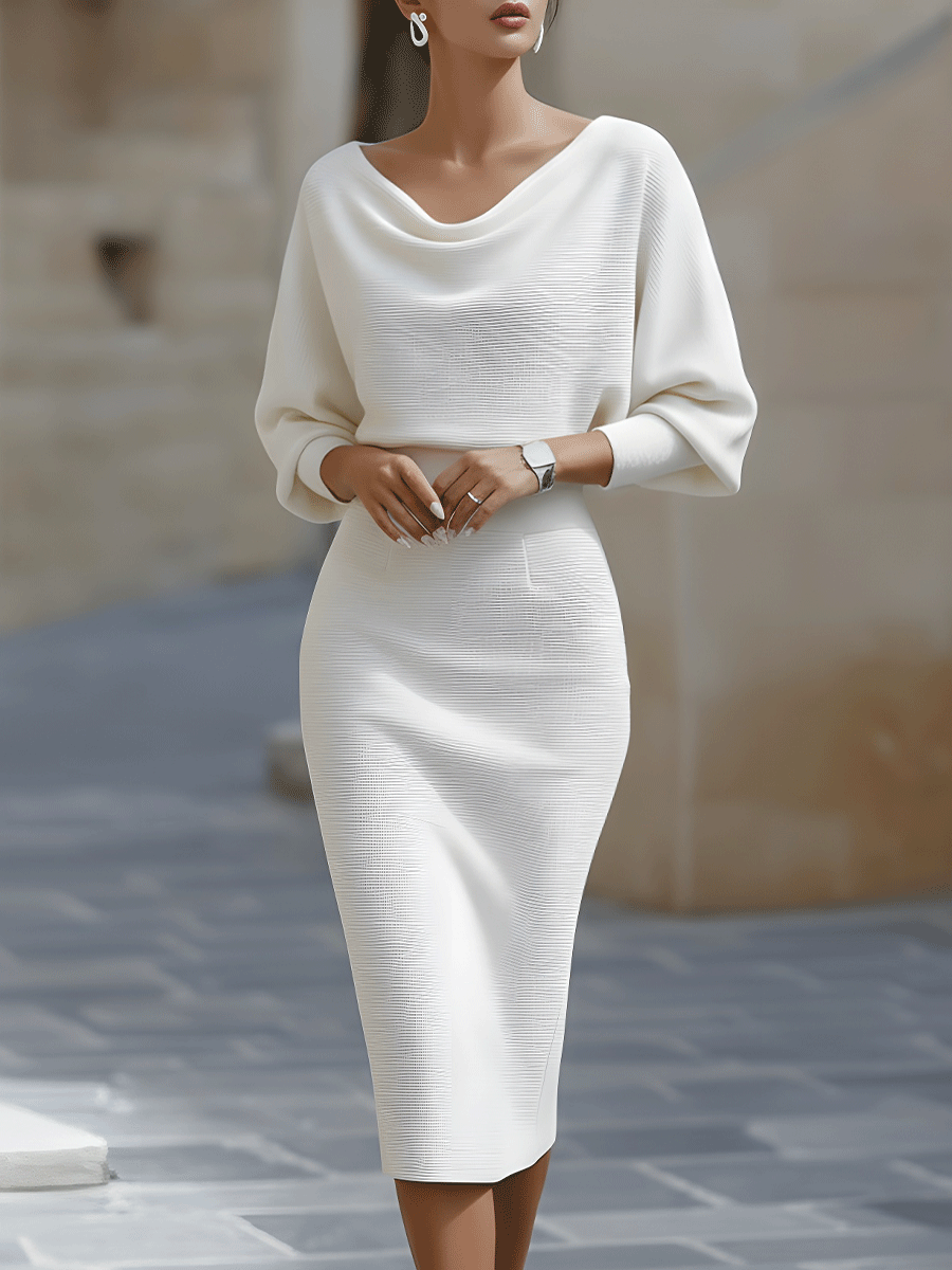 White Draped Batwing Midi Dress XYS